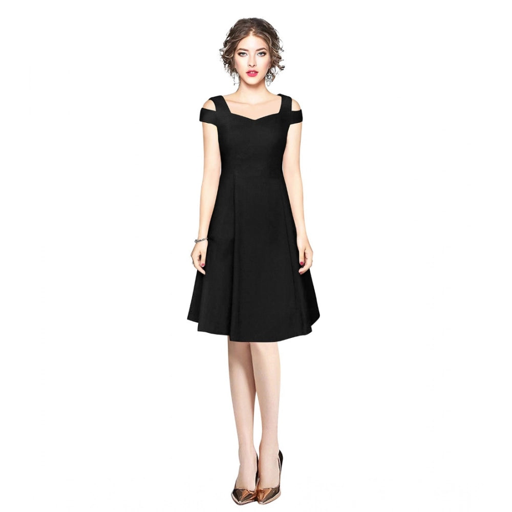 Snuggle Spot Women's Polyester Solid V Neck Cap Sleeve off Shoulder Dress (Black)