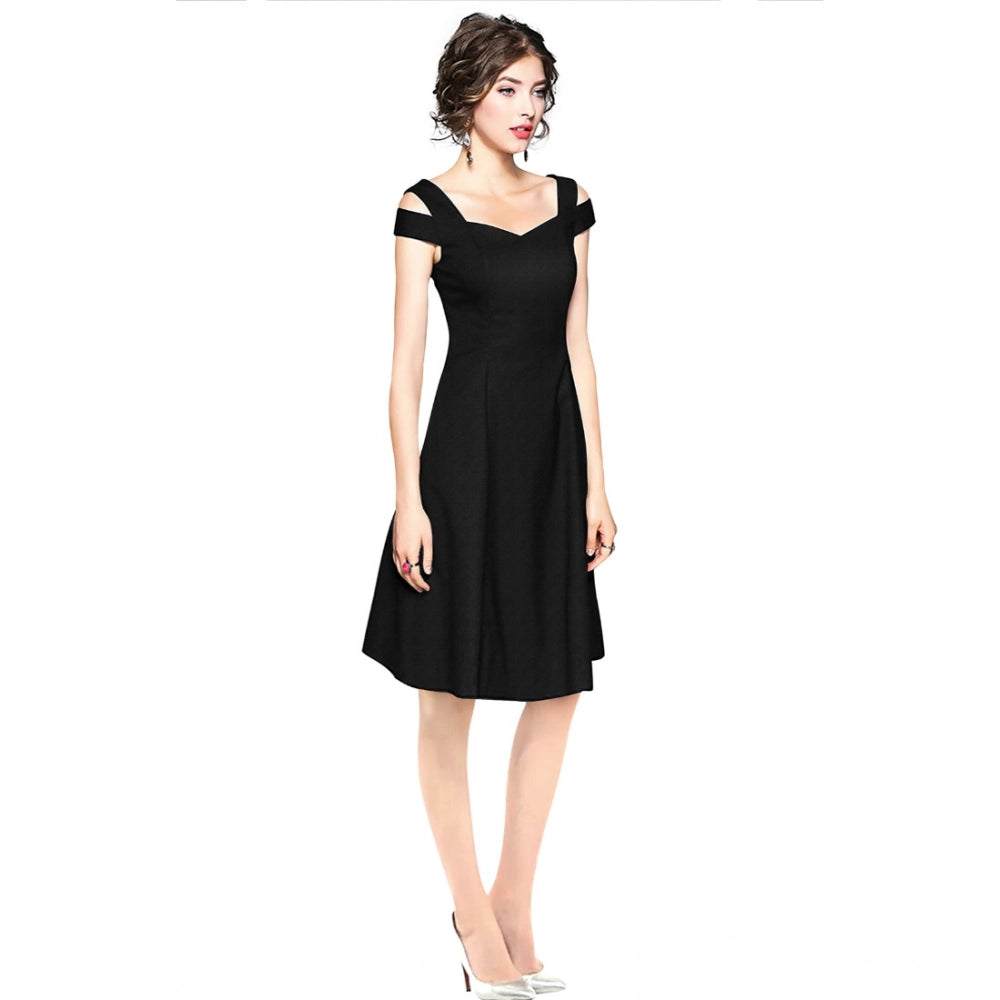 Snuggle Spot Women's Polyester Solid V Neck Cap Sleeve off Shoulder Dress (Black)