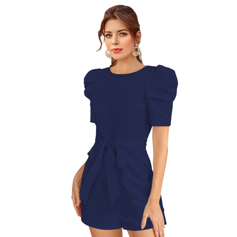 Snuggle Spot Women's Knitting stretchable Solid Round Neck 3-4 Puff Sleeve Dress (Blue)