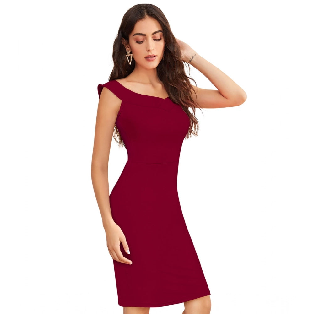 Snuggle Spot Women's Knitting stretchable Solid Round Neck Sleeveless Dress (Maroon)