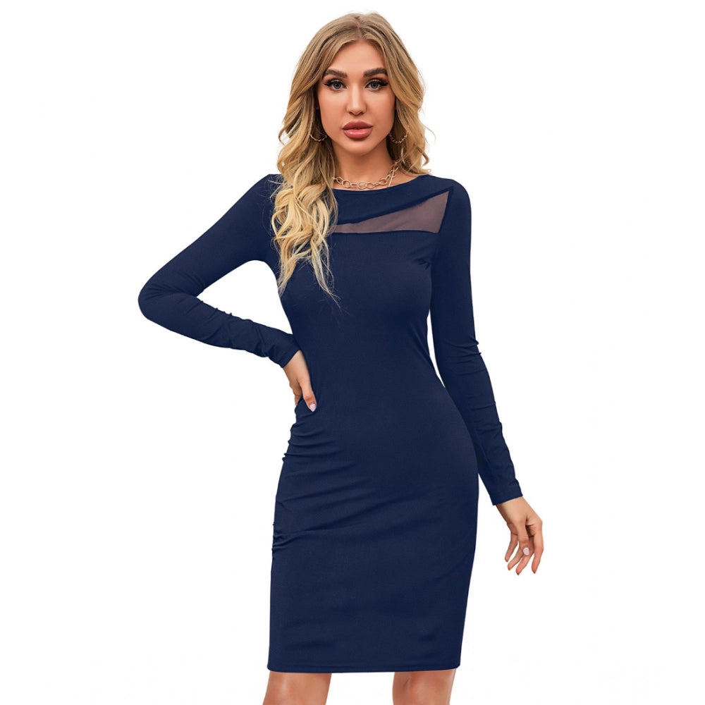 Snuggle Spot Women's Knitting stretchable Solid Round Neck Full Sleeve Dress (Blue )
