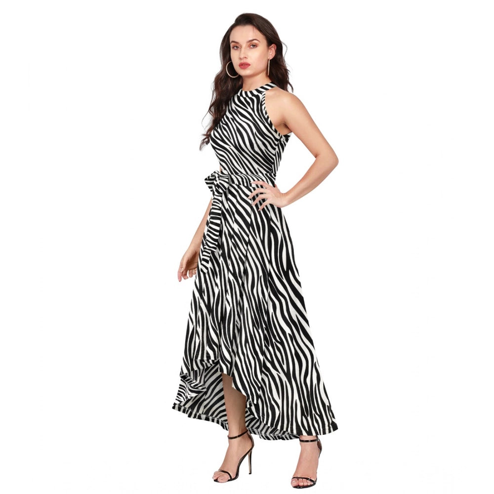 Snuggle Spot Women's Polyester Zebra Pattern Halter Neck Sleeveless Dress (White)