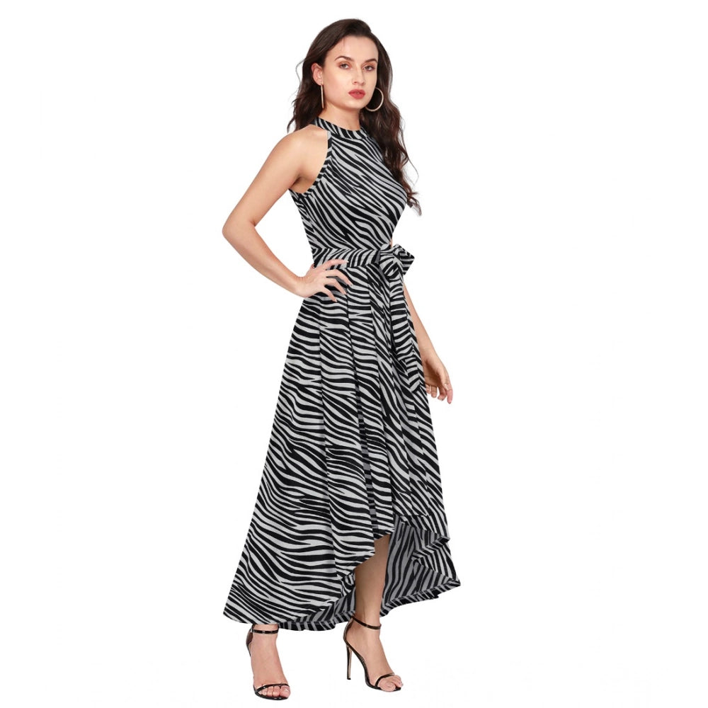 Snuggle Spot Women's Polyester Zebra Pattern Halter Neck Sleeveless Dress (Navy Blue)