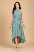 Snuggle Spot Women's Polyester Solid Halter Neck Sleeveless Dress (Pista)