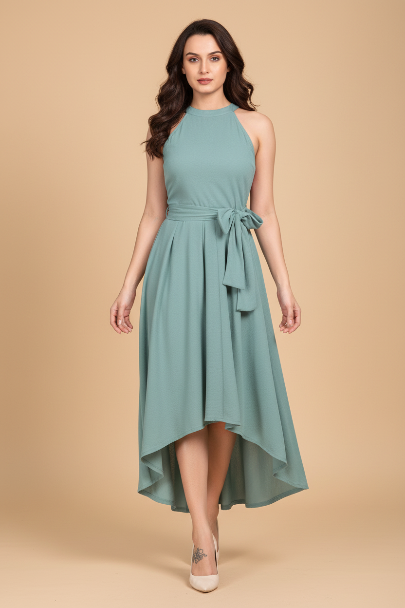 Snuggle Spot Women's Polyester Solid Halter Neck Sleeveless Dress (Pista)