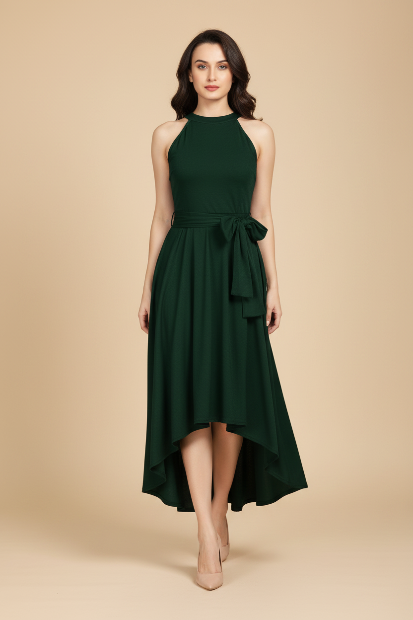 Snuggle Spot Women's Polyster Solid Halter Neck Sleeveless Dress (Green)