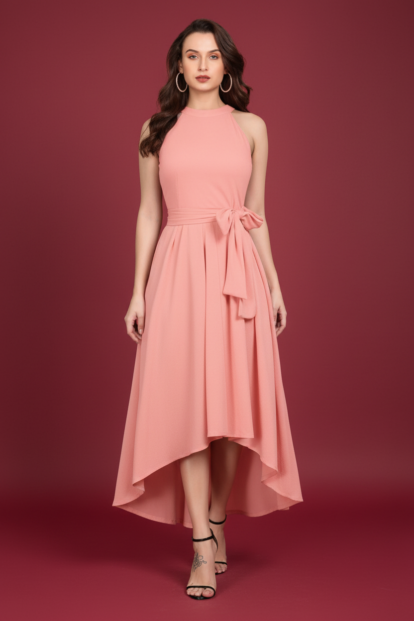 Snuggle Spot Women's Polyster Solid Halter Neck Sleeveless Dress (Peach)