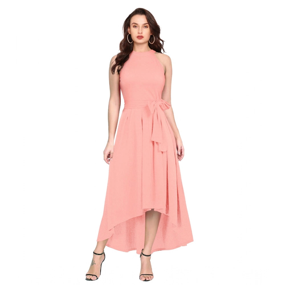 Snuggle Spot Women's Polyster Solid Halter Neck Sleeveless Dress (Peach)