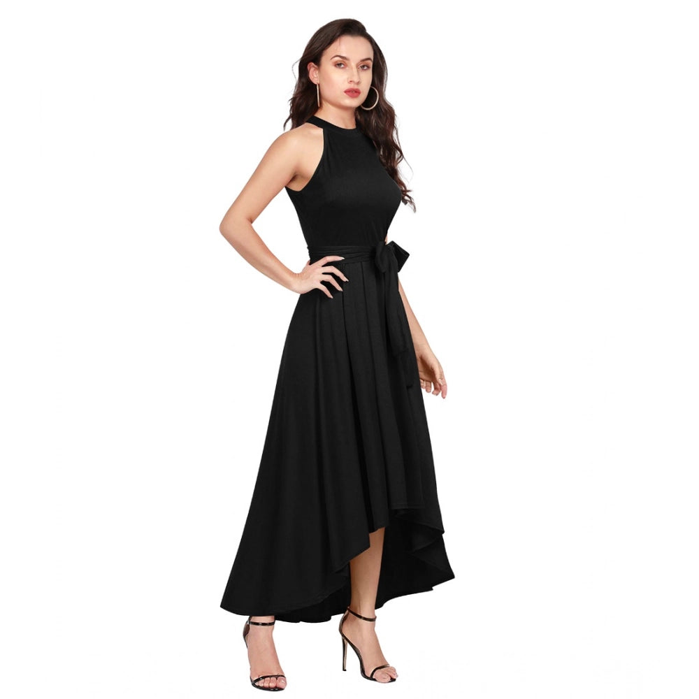 Snuggle Spot Women's Polyster Solid Halter Neck Sleeveless Dress (Black)