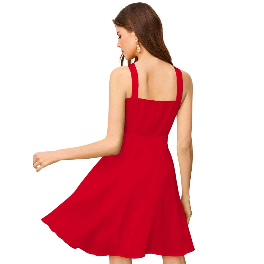 Snuggle Spot Women's Knitting stretchable Solid Halter Neck Sleeveless Dress (Red )