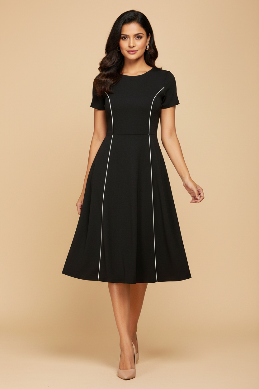Snuggle Spot Women's Knitting stretchable Solid Round Neck Cap Sleeve Dress (Black)
