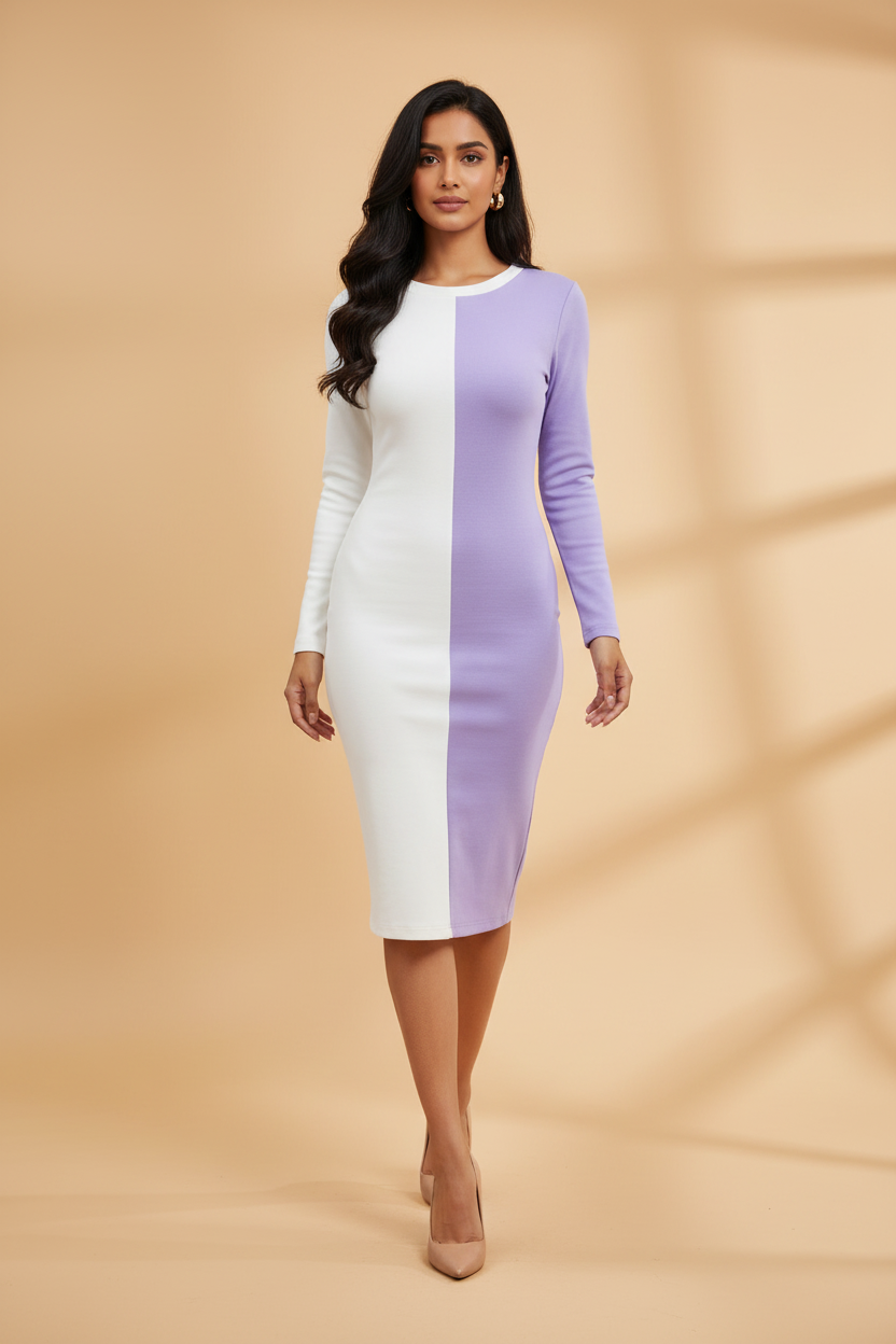 Snuggle Spot Women's Knitting stretchable Solid Round Neck Full Sleeve Dress (Purple)