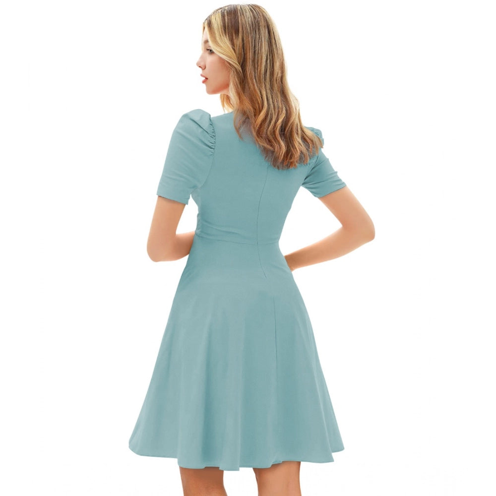 Snuggle Spot Women's Knitting stretchable Solid V Neck Cap Sleeve Dress (Pista)
