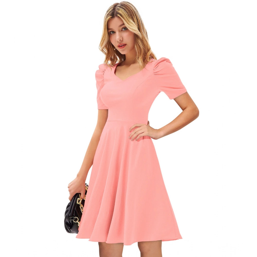 Snuggle Spot Women's Knitting stretchable Solid V Neck Cap Sleeve Dress (Peach)