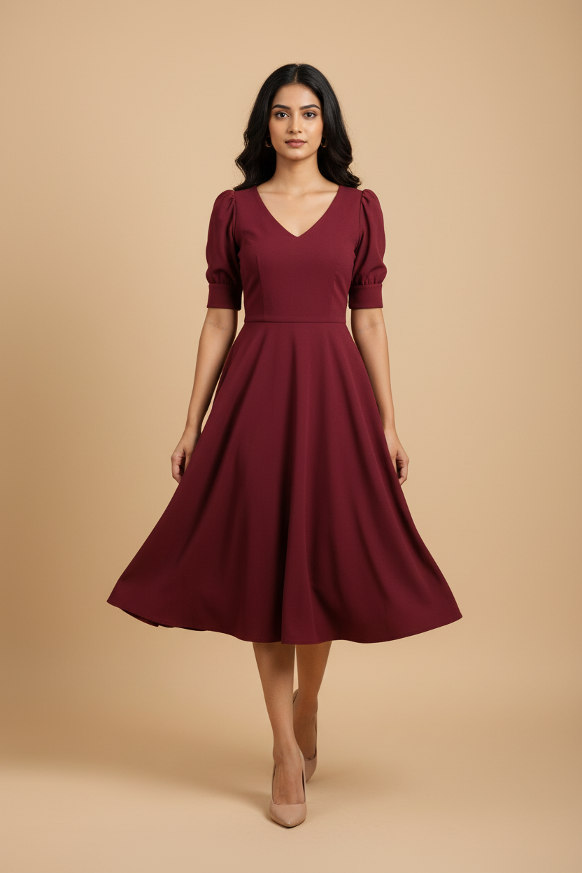Snuggle Spot Women's Knitting stretchable Solid V Neck Cap Sleeve Dress (Maroon)