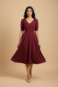 Snuggle Spot Women's Knitting stretchable Solid V Neck Cap Sleeve Dress (Maroon)