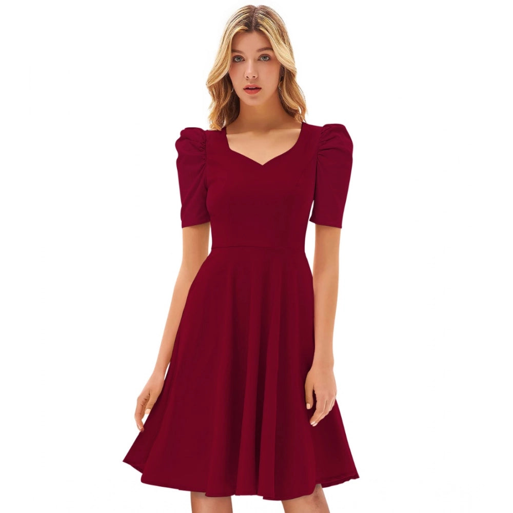 Snuggle Spot Women's Knitting stretchable Solid V Neck Cap Sleeve Dress (Maroon)