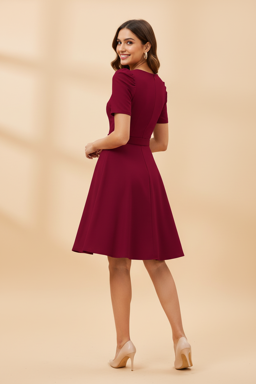 Snuggle Spot Women's Knitting stretchable Solid V Neck Cap Sleeve Dress (Maroon)