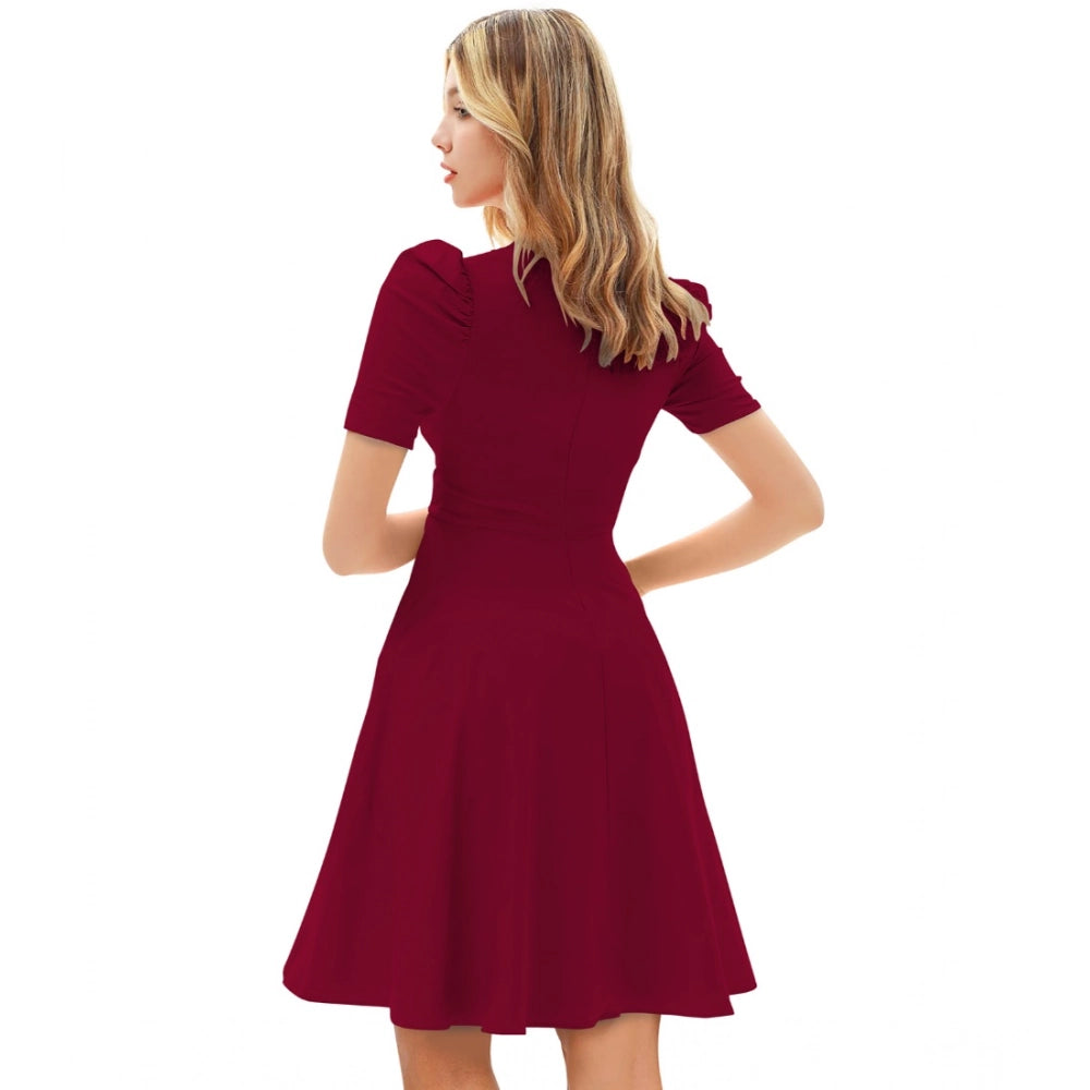 Snuggle Spot Women's Knitting stretchable Solid V Neck Cap Sleeve Dress (Maroon)