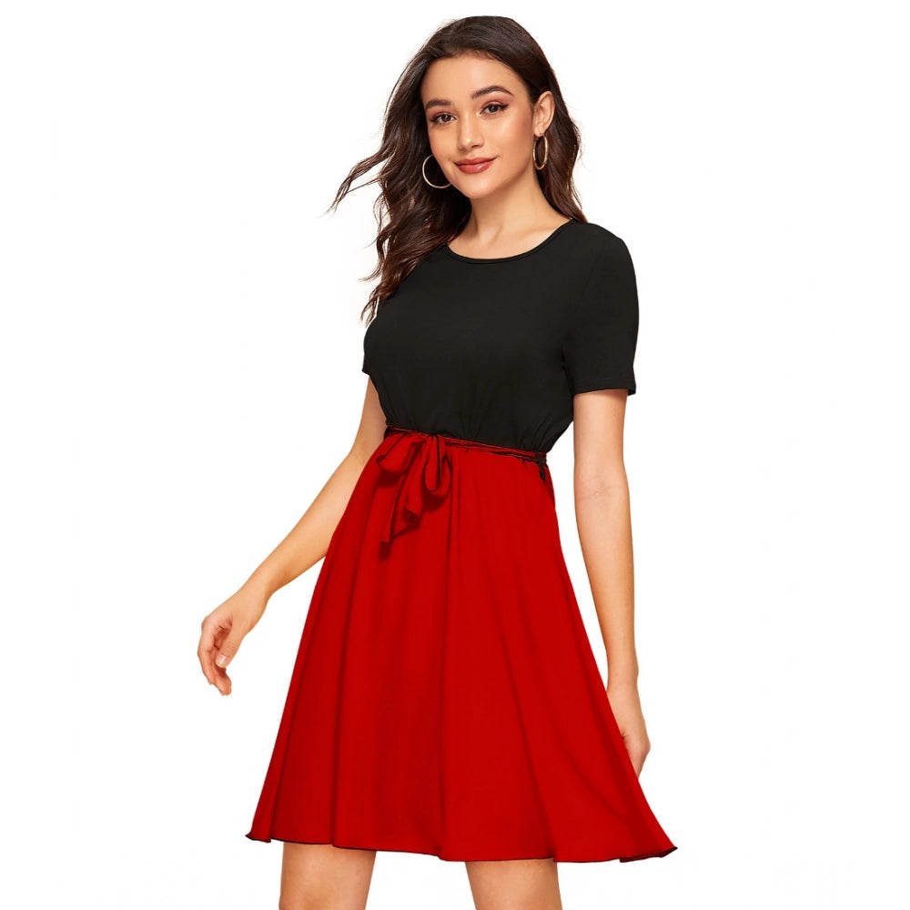 Snuggle Spot Women's Knitting stretchable Solid Round Neck Cap Sleeve Dress (Red)