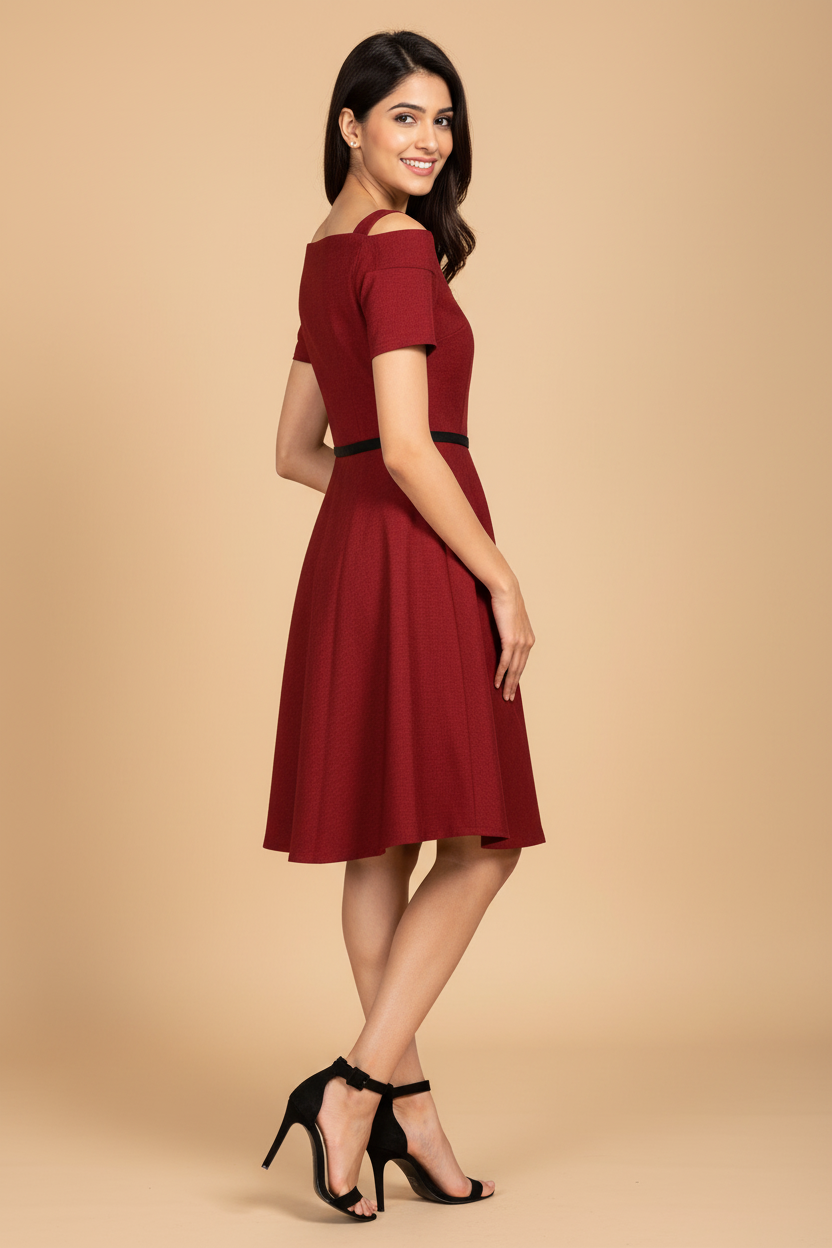 Snuggle Spot Women's Polyester Solid V Neck Cap Sleeve Dress (Maroon)