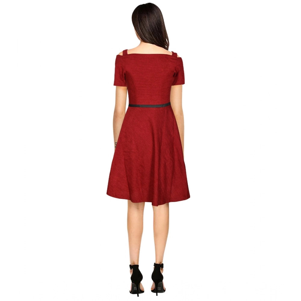 Snuggle Spot Women's Polyester Solid V Neck Cap Sleeve Dress (Maroon)