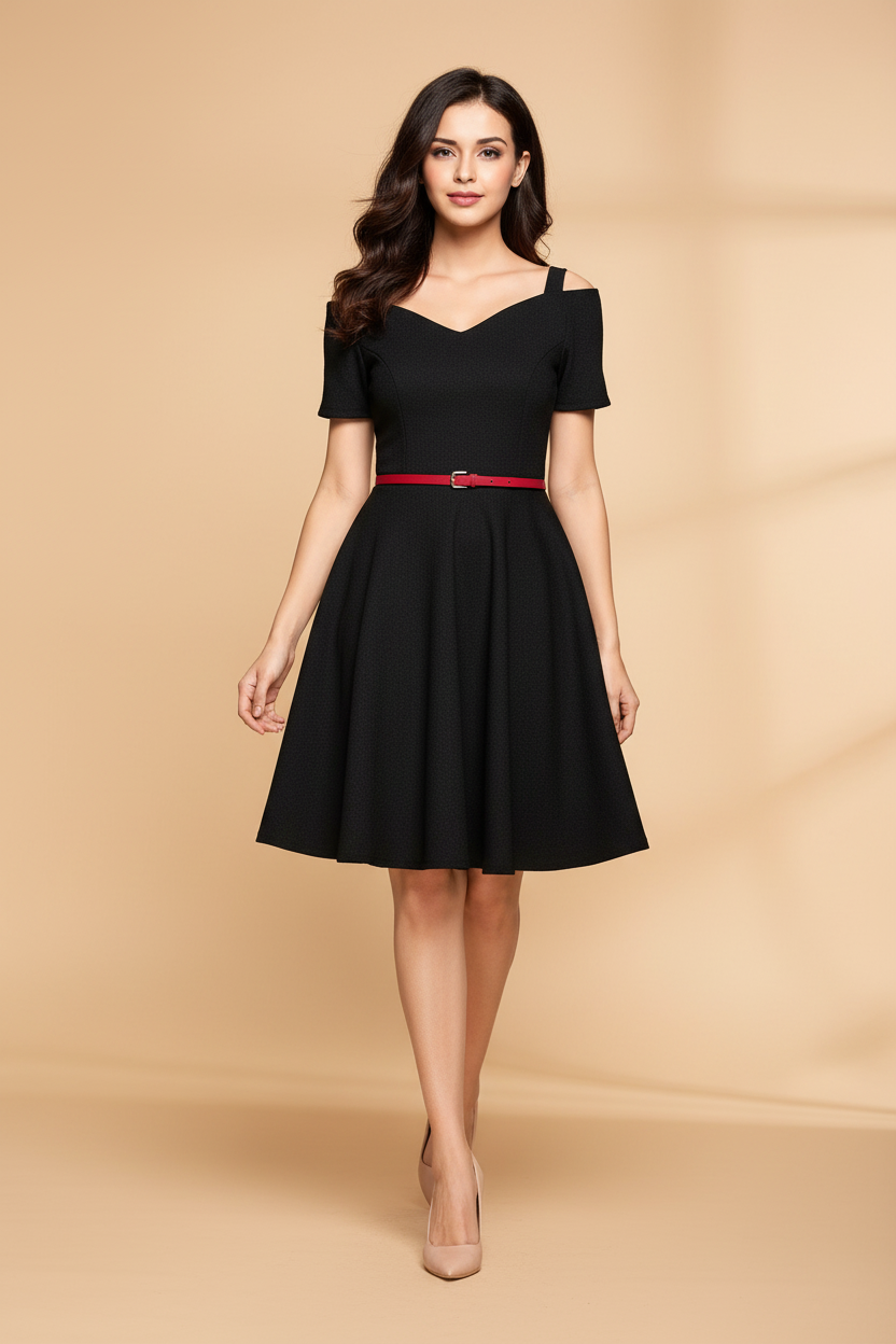 Snuggle Spot Women's Polyester Solid V Neck Cap Sleeve Dress (Black)