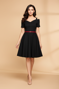 Snuggle Spot Women's Polyester Solid V Neck Cap Sleeve Dress (Black)