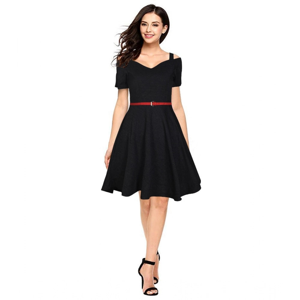 Snuggle Spot Women's Polyester Solid V Neck Cap Sleeve Dress (Black)