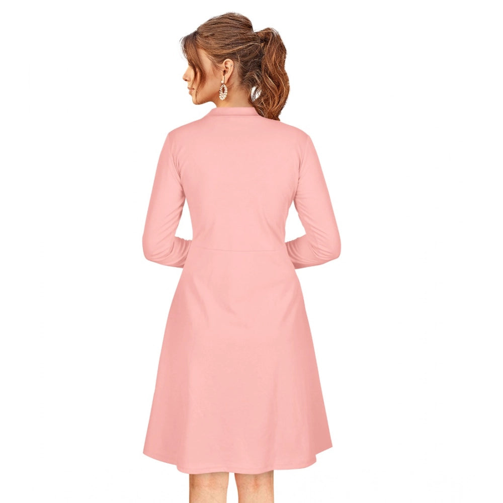 Snuggle Spot Women's Knitting stretchable Solid Round Neck Full Sleeve Dress (Peach)