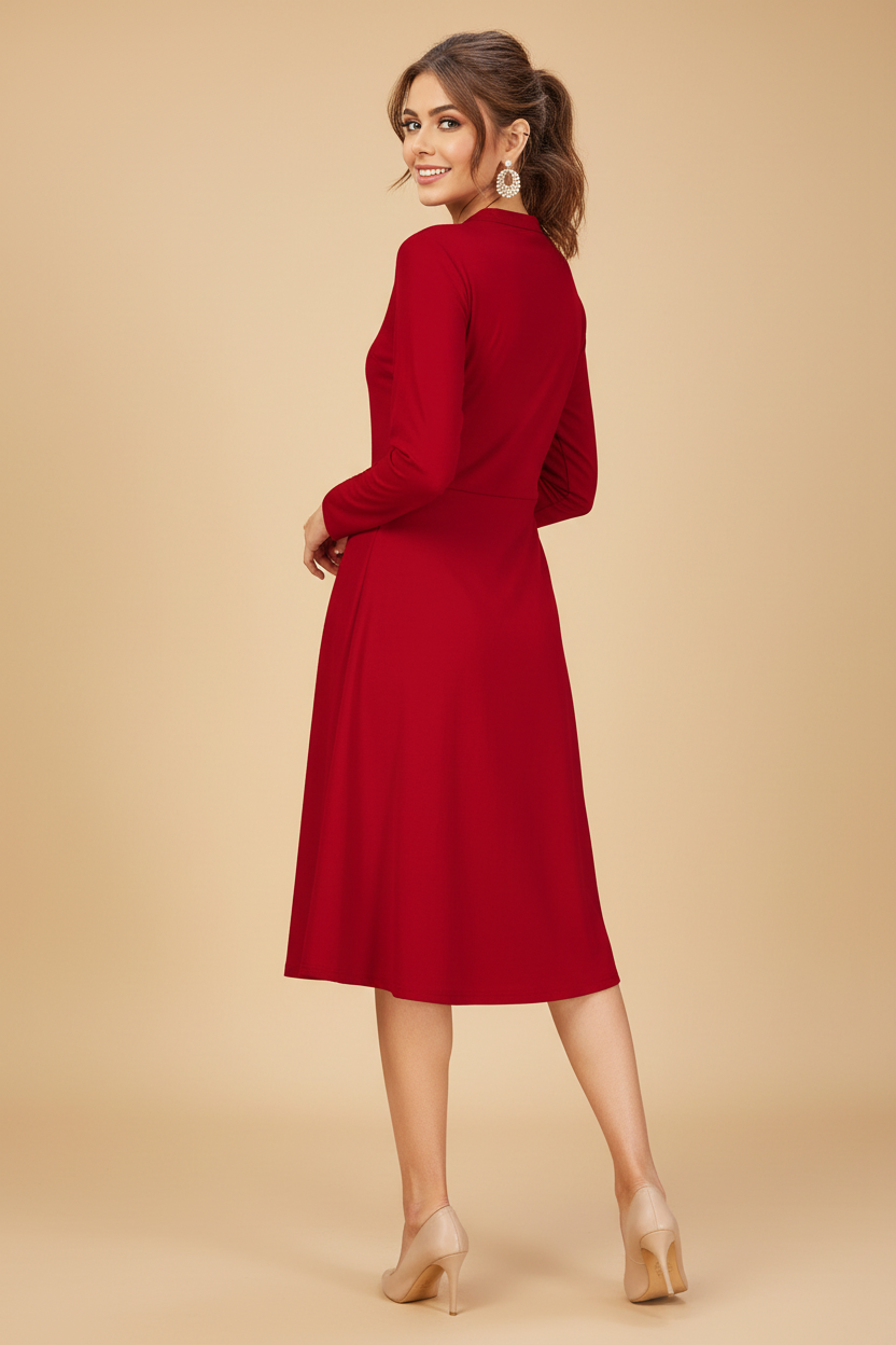 Snuggle Spot Women's Knitting stretchable Solid Round Neck Full Sleeve Dress (Red)