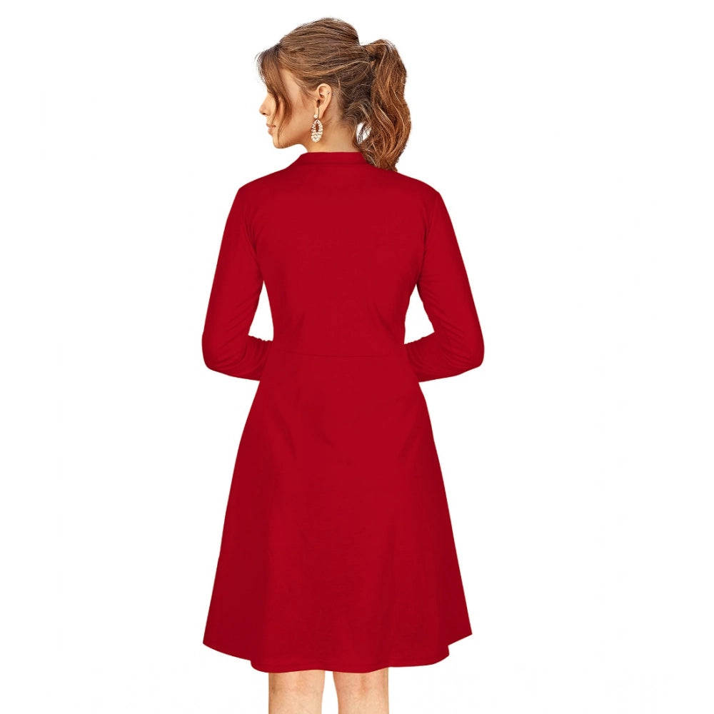 Snuggle Spot Women's Knitting stretchable Solid Round Neck Full Sleeve Dress (Red)
