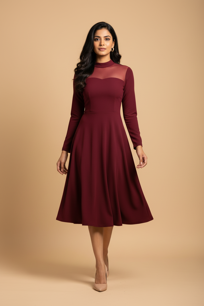 Snuggle Spot Women's Knitting stretchable Solid Round Neck Full Sleeve Dress (Maroon)