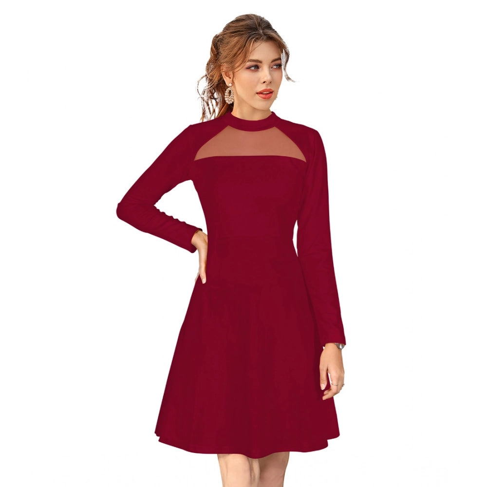 Snuggle Spot Women's Knitting stretchable Solid Round Neck Full Sleeve Dress (Maroon)