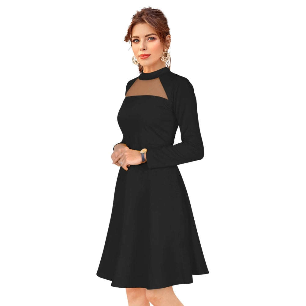 Snuggle Spot Women's Knitting stretchable Solid Round Neck Full Sleeve Dress (Black)