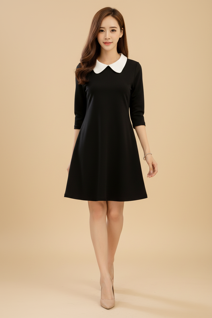 Snuggle Spot Women's Polyester Solid Collar 3-4th Dress (Black)