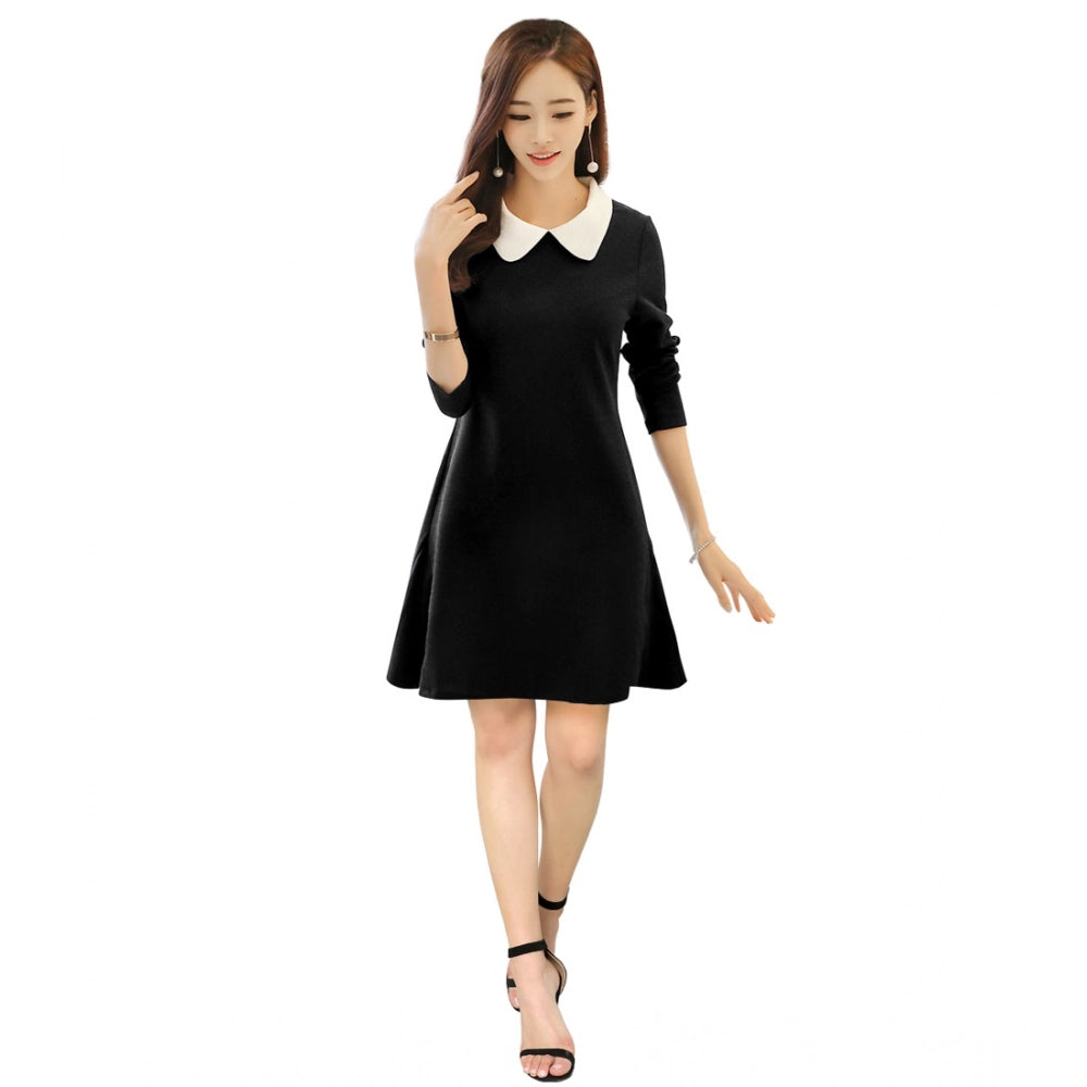 Snuggle Spot Women's Polyester Solid Collar 3-4th Dress (Black)