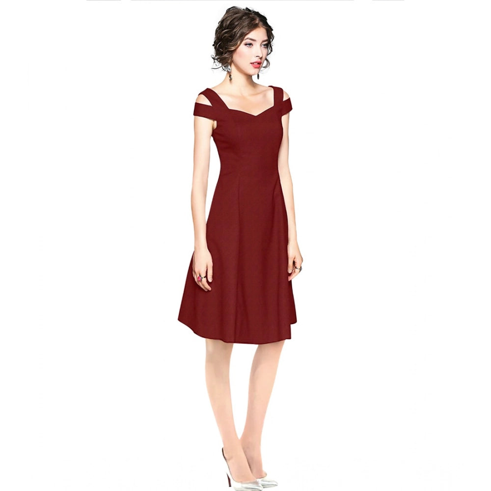 Snuggle Spot Women's Polyester Solid V Neck Cap Sleeve off Shoulder Dress (Maroon)