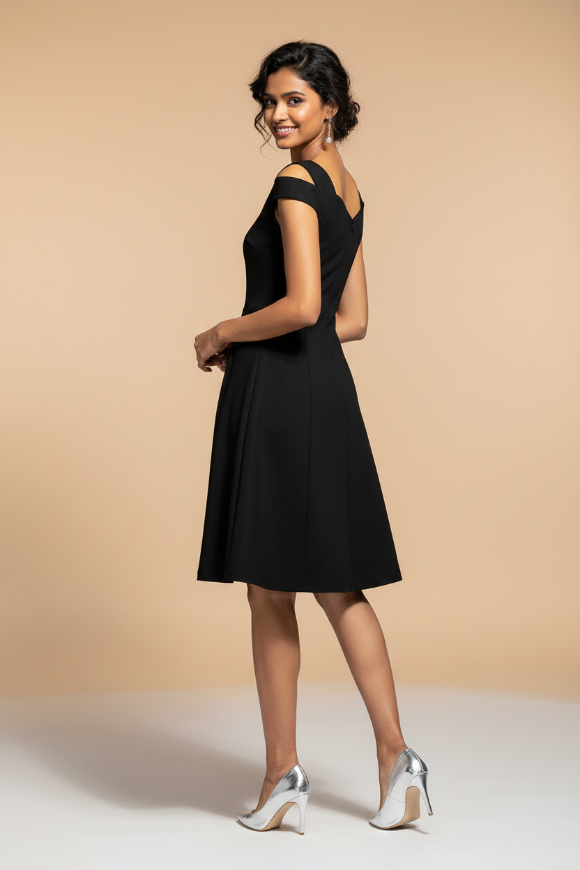 Snuggle Spot Women's Polyester Solid V Neck Cap Sleeve off Shoulder Dress (Black)