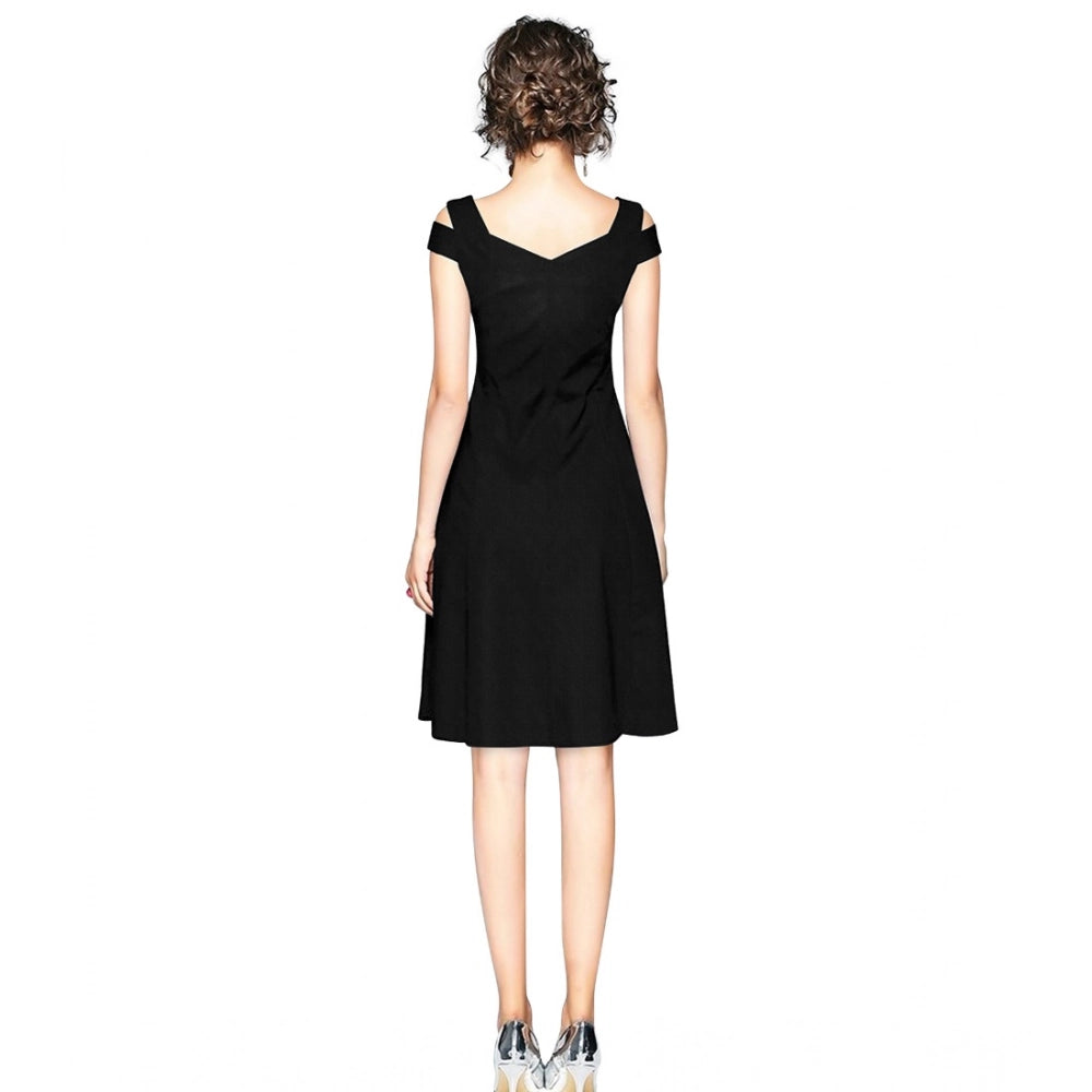 Snuggle Spot Women's Polyester Solid V Neck Cap Sleeve off Shoulder Dress (Black)