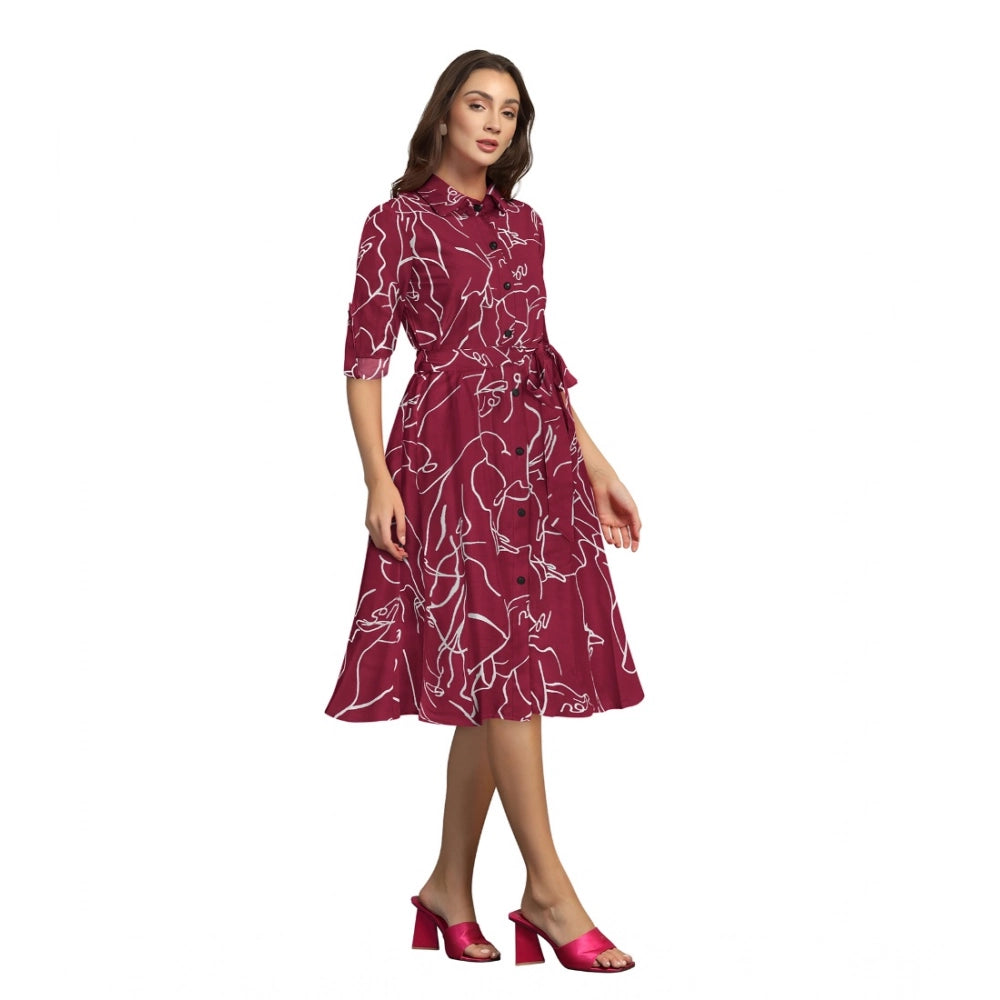 Snuggle Spot Women's Ruby Cotton Printed Shirt Collar 3-4th Sleeve Dress (Maroon)