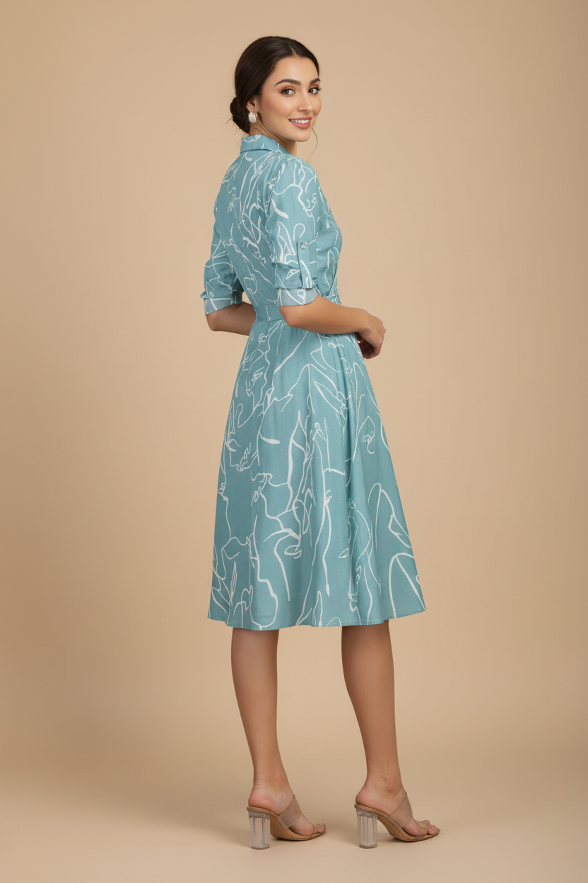 Snuggle Spot Women's Ruby Cotton Printed Shirt Collar 3-4th Sleeve Dress (Pista)