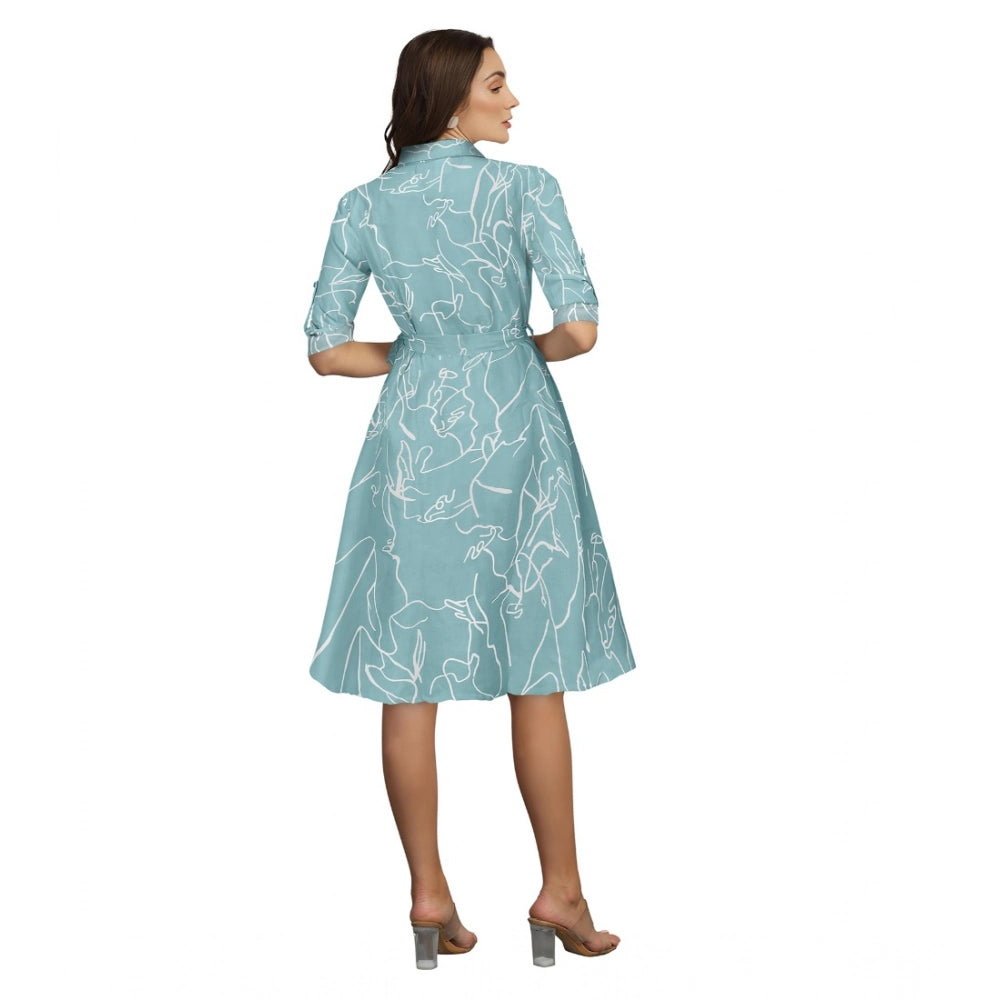 Snuggle Spot Women's Ruby Cotton Printed Shirt Collar 3-4th Sleeve Dress (Pista)