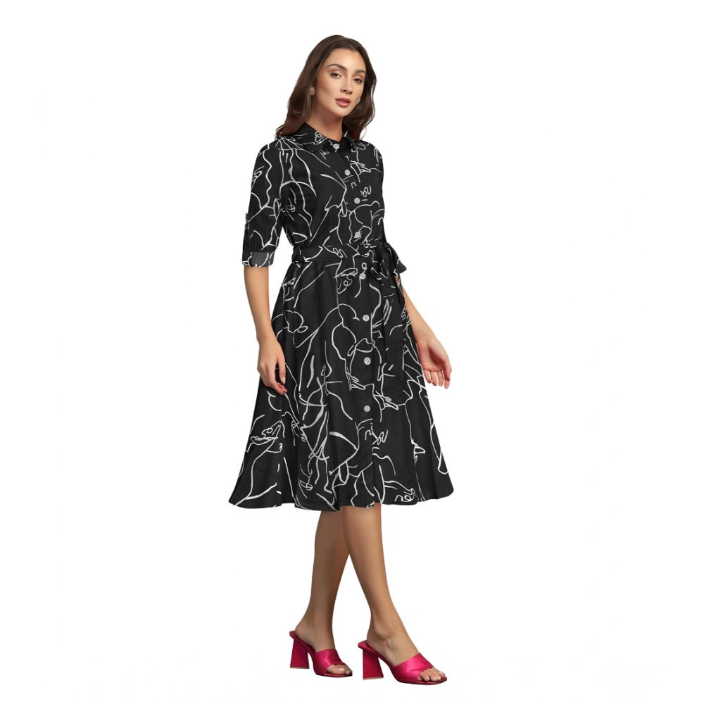 Snuggle Spot Women's Ruby Cotton Printed Shirt Collar 3-4th Sleeve Dress (Black)
