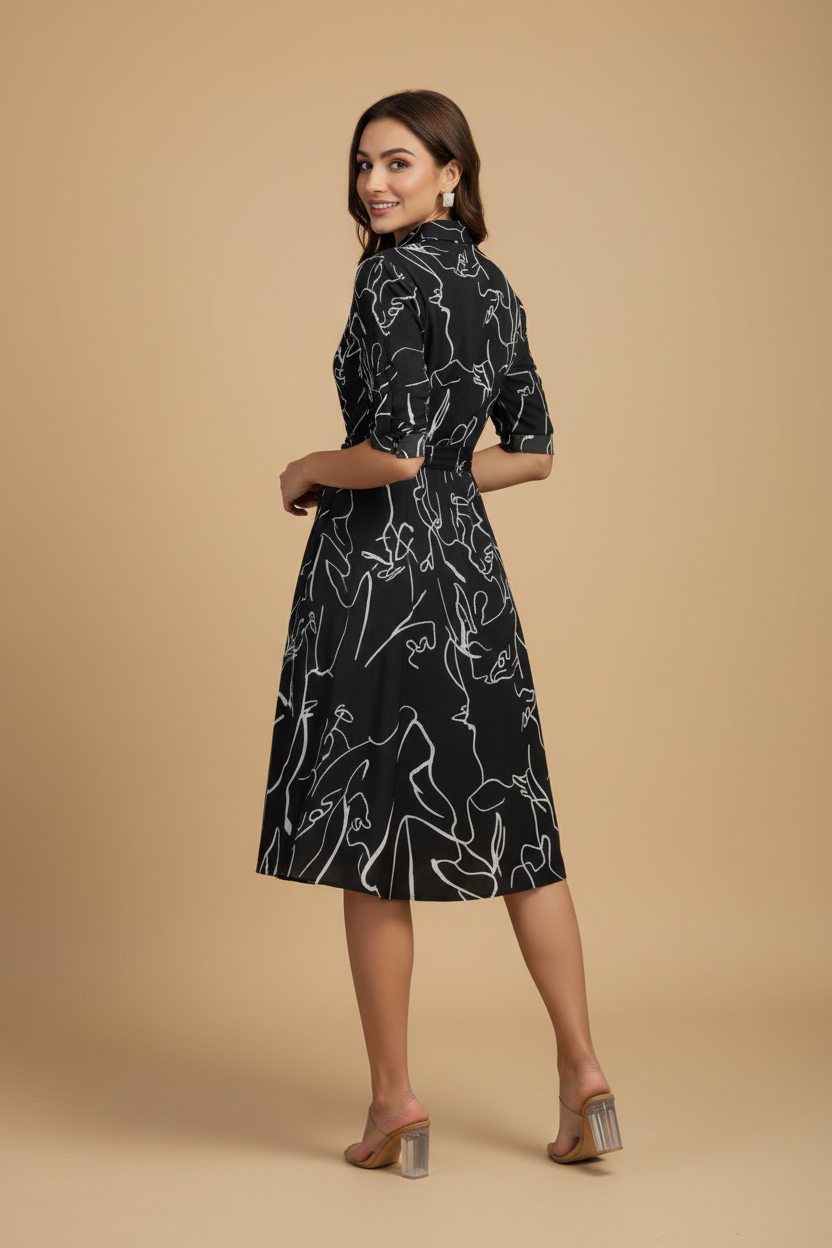 Snuggle Spot Women's Ruby Cotton Printed Shirt Collar 3-4th Sleeve Dress (Black)