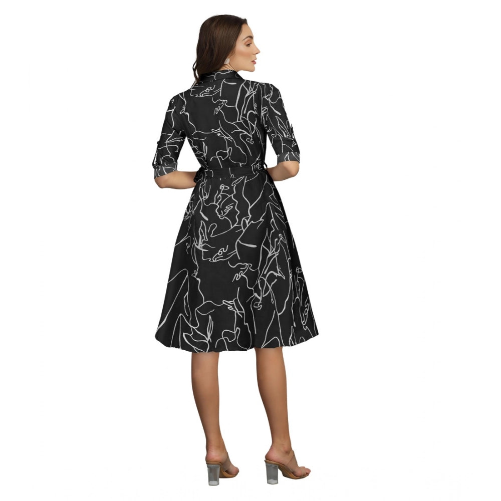 Snuggle Spot Women's Ruby Cotton Printed Shirt Collar 3-4th Sleeve Dress (Black)