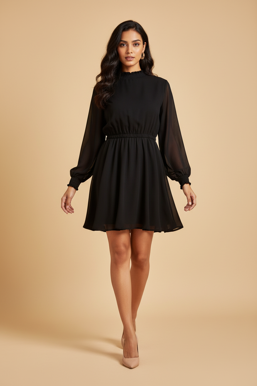 Snuggle Spot Women's Fox Georgette Solid High Neck Full Sleeve Dress (Black)