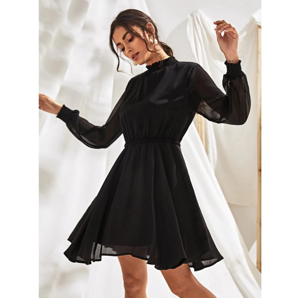 Snuggle Spot Women's Fox Georgette Solid High Neck Full Sleeve Dress (Black)
