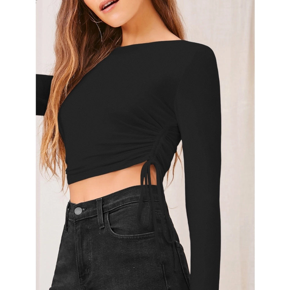 Snuggle Spot Women's Polyester Solid Round Neck Full Sleeve Top (Black)