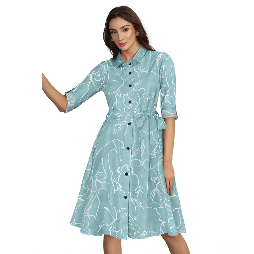 Snuggle Spot Women's Ruby Cotton Printed Shirt Collar 3-4th Sleeve Dress (Pista)